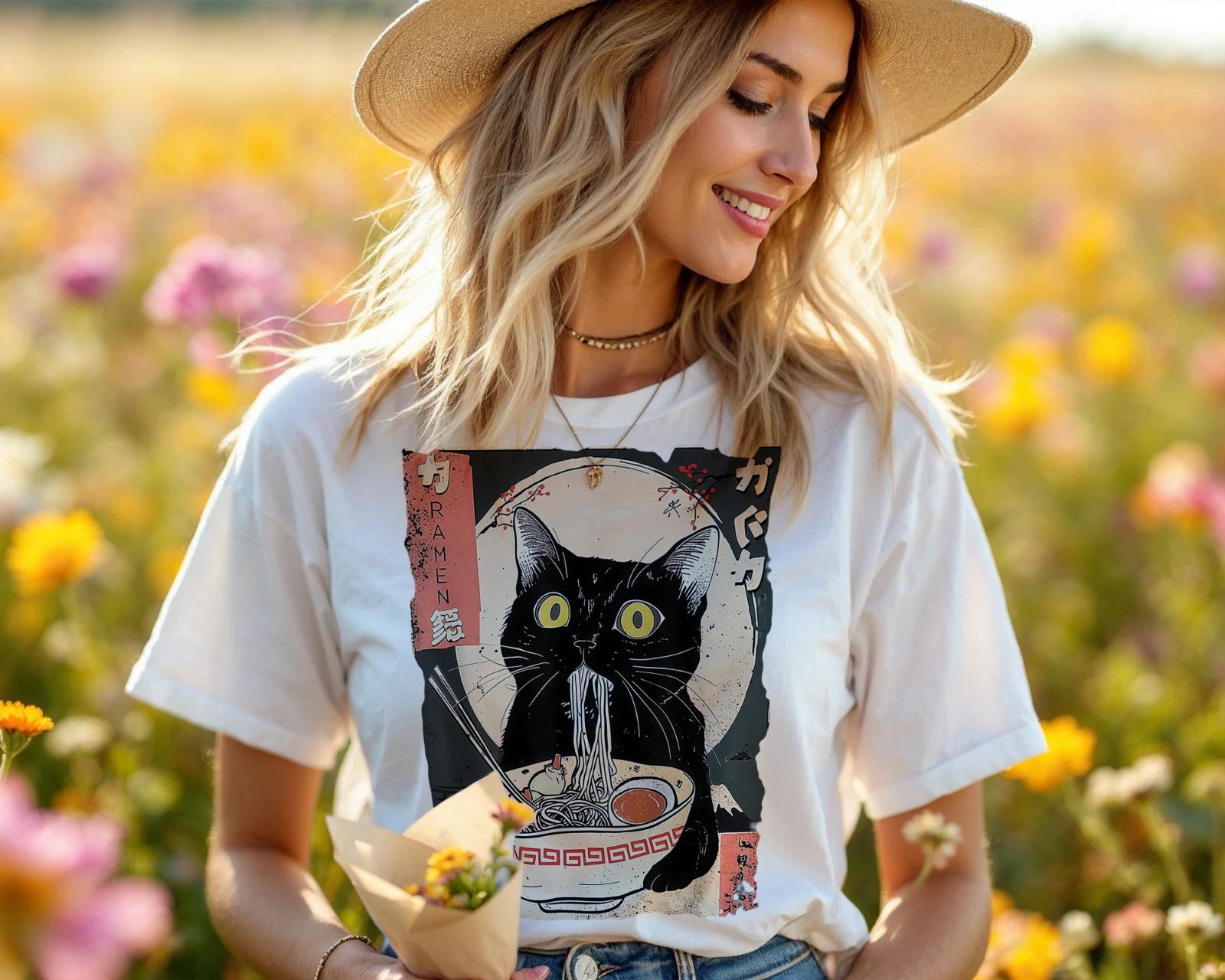 Japanese Ramen Cat T-Shirt –Cute Black Cat Eating Noodles Anime Graphic Tee A307 M