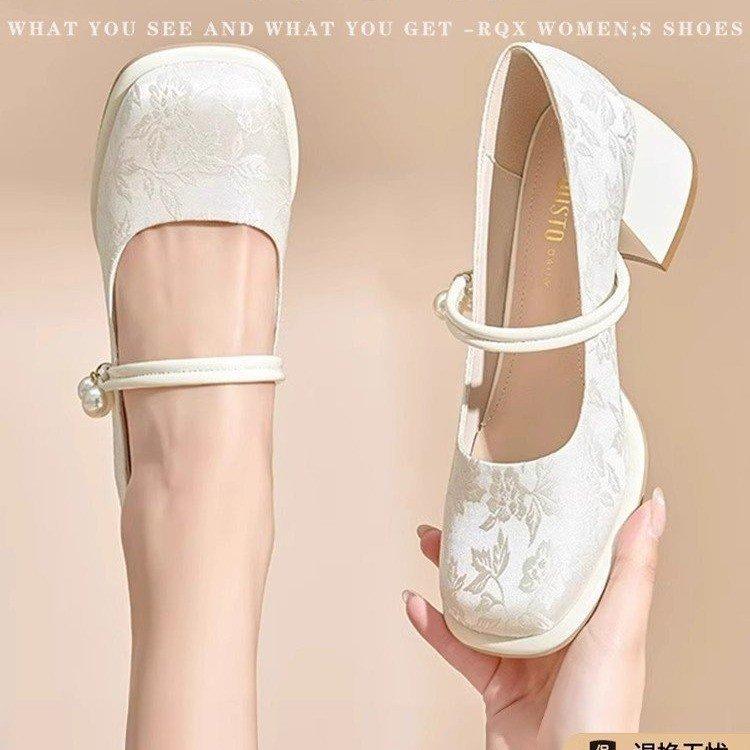 Fashion High heels women's shoes 2025 new Chinese style embroidery versatile strap single shoe square toe Mary Jane thick heel shoes