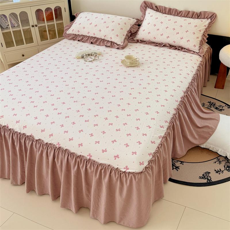 3pcs Bedding Simple Flower Bed Skirt With Pillowcases Wedding Bedspread Bed Sheet Mattress Cover Full Twin Queen King Bedsheets