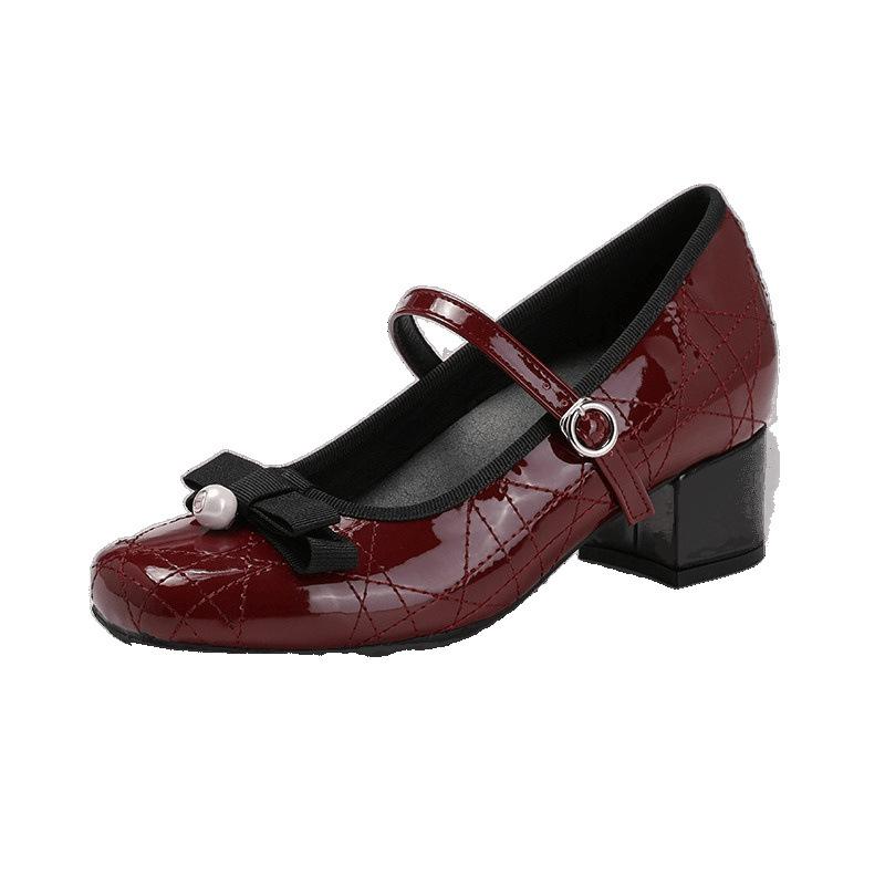 Inner height increase North Island Diary New red bow thick heel Mary Jane shoes women's sweet medium heel high heel