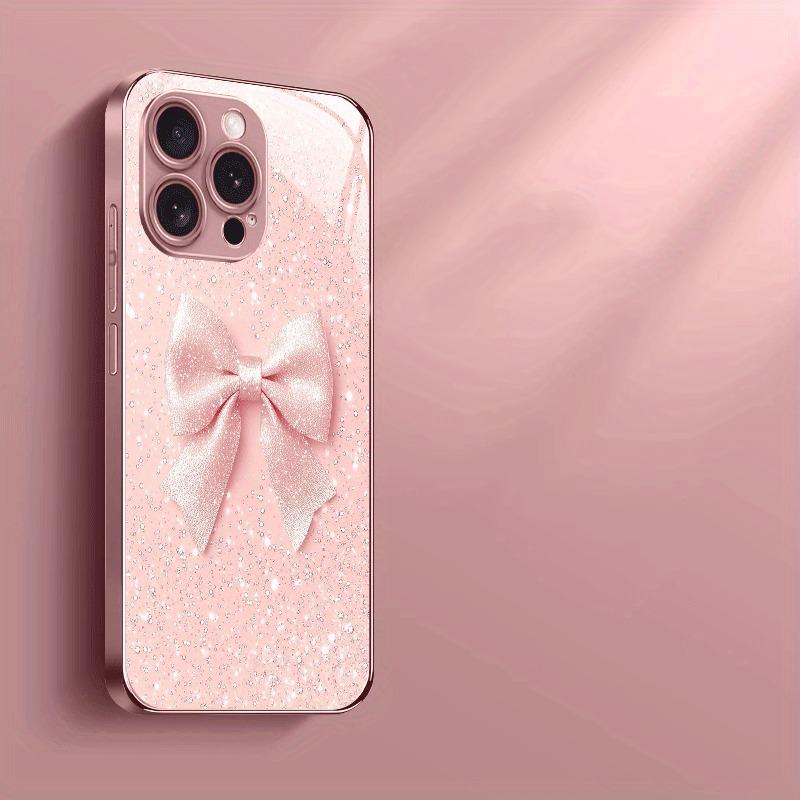 White Dot Pink Bow Pattern Pink Metal Tempered Glass Phone Case For iPhone 17 16 15 14 13 12 11 Pro Max 15 Plus 17 Air 16E Cover