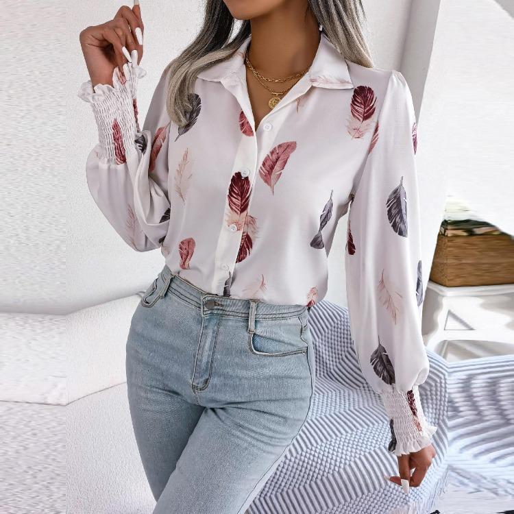

Women Polo Shirt Spring Summer Feather Lantern Sleeve Tops Single Breasted Ladies Temperament Fashion XL белый