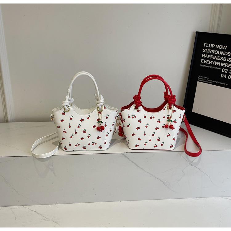 Cherry Print Square Shoulder Bag Women Fashion Faux Leather Crossbody Tote Cute Armpit Handbag
