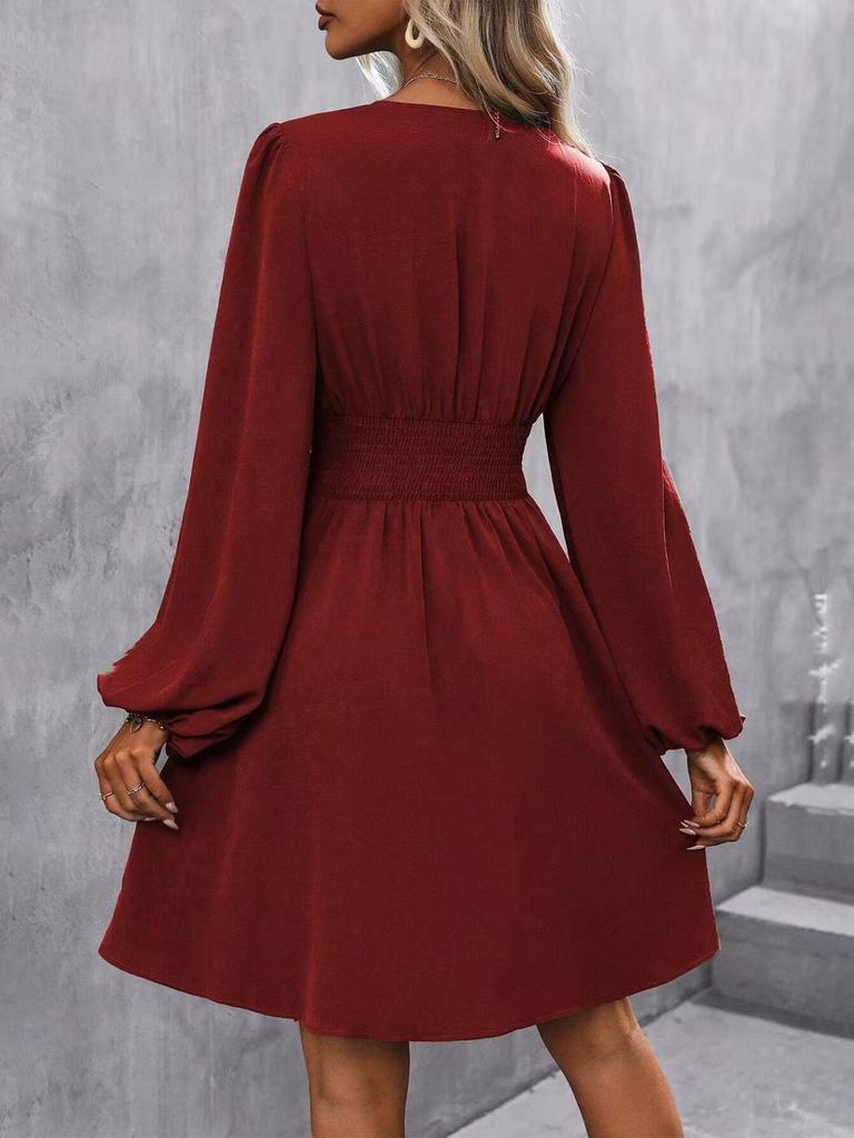 2025 Autumn/Winter Europe & America Oblique Neck Lantern Sleeve Pleated Waist Retro Dress