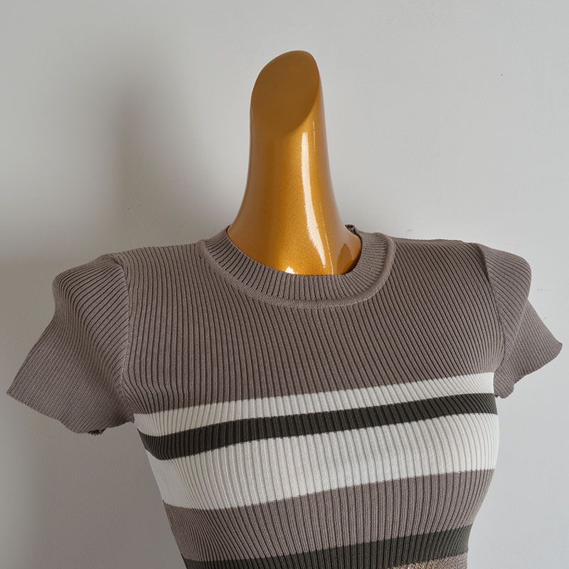 Stripe Contrast Color Round Neck Short Sleeve Knit Women Summer New Slim Fit Slimming Patchwork Hollow T-shirt Top