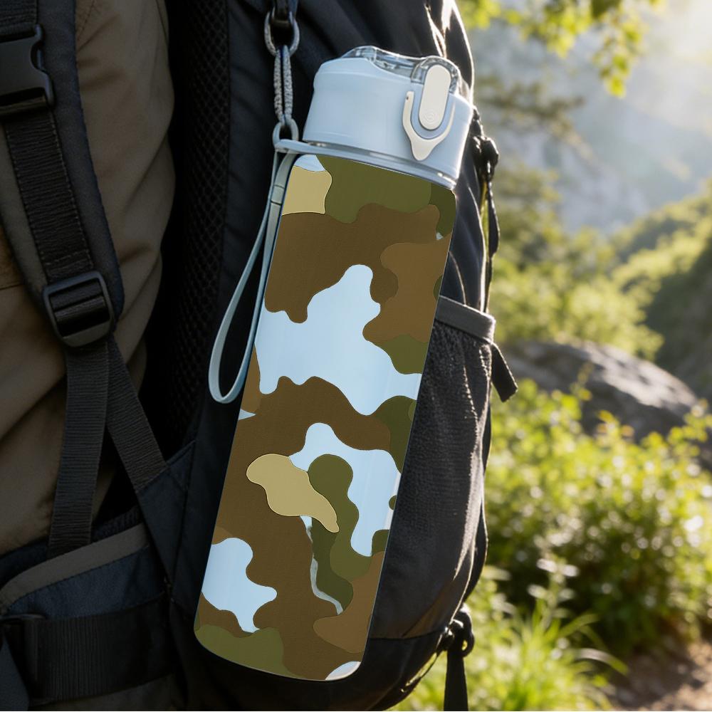 1PC White Green Camouflage Texture 750ml Color Plastic Sports Water Bottle Leakproof Flip Straw Lid For Sports Office Home Use