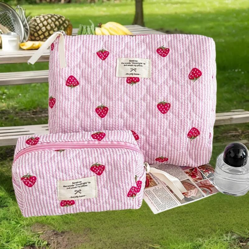 Zippered Cosmetic Pouch for Women, Portable Makeup Organizer in Unique Pink Strawberry Design, Travel-Ready Handbag