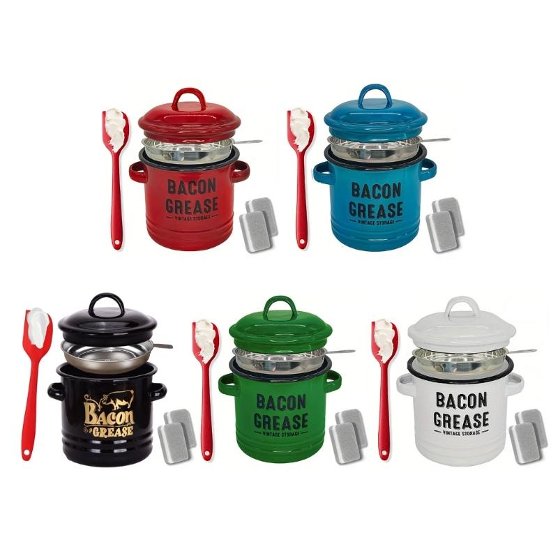 652F Enamel Bacons Grease Storage Container Jar with Strainer And Silicone Spatula Tool For Flavor Preserving Fat Keeper Box