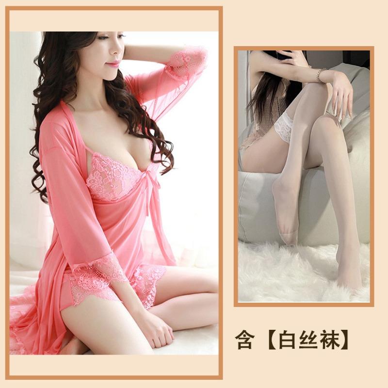 Sexy Women's Pajamas, Be Careful, Large Size Lace Mesh Yarn, Pure Desire Wind, Hot Transparent Robe, Four-piece Home Furnishing
