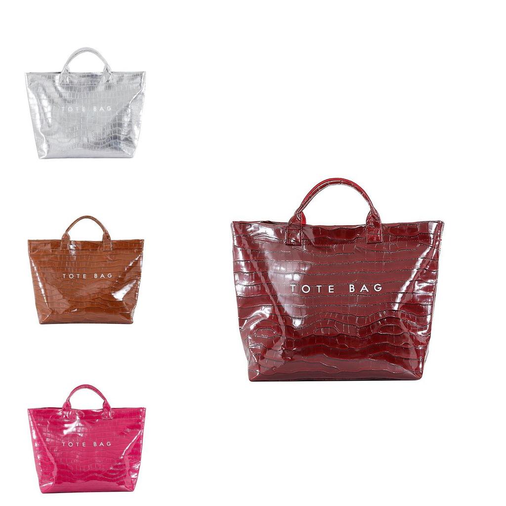 Simple Chic Ladies Tote Bag With Solid Color Letter Printed Crocodile Texture For Casual Outings