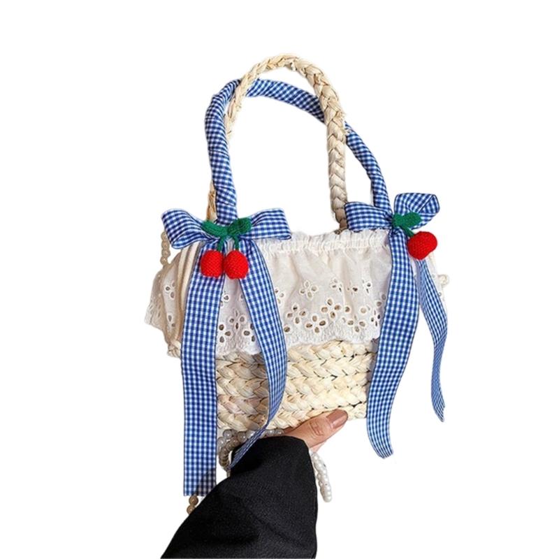 Women Sweet Woven Straw Bucket Bag with Cute Bowknot Ruffle Lace Drawstrings Handbag Beach Pearl Chain Crossbody Bag 1 синий 1740₽
