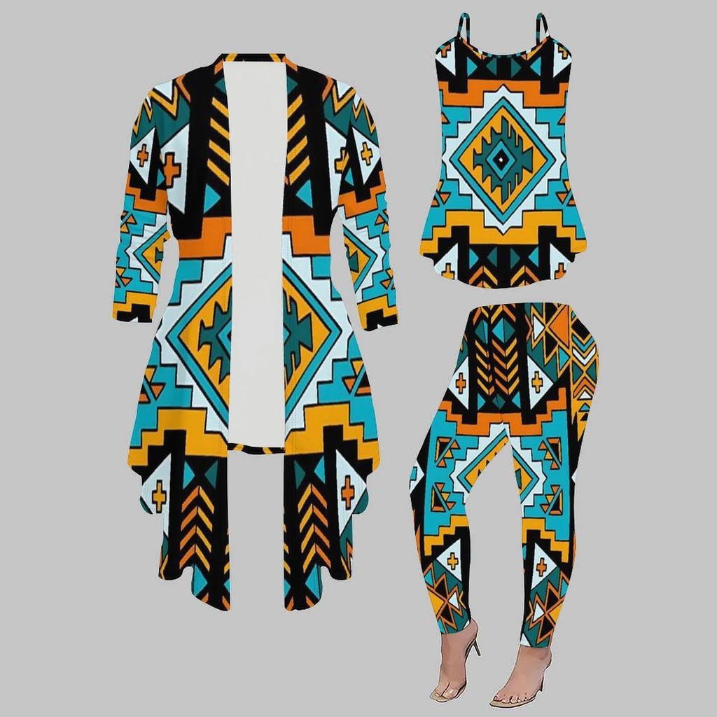 Plus Size Geometric Pattern Print 3 Piece Outfit, Long Sleeve Open Front Cardigan Cami Top Leggings Set for Women