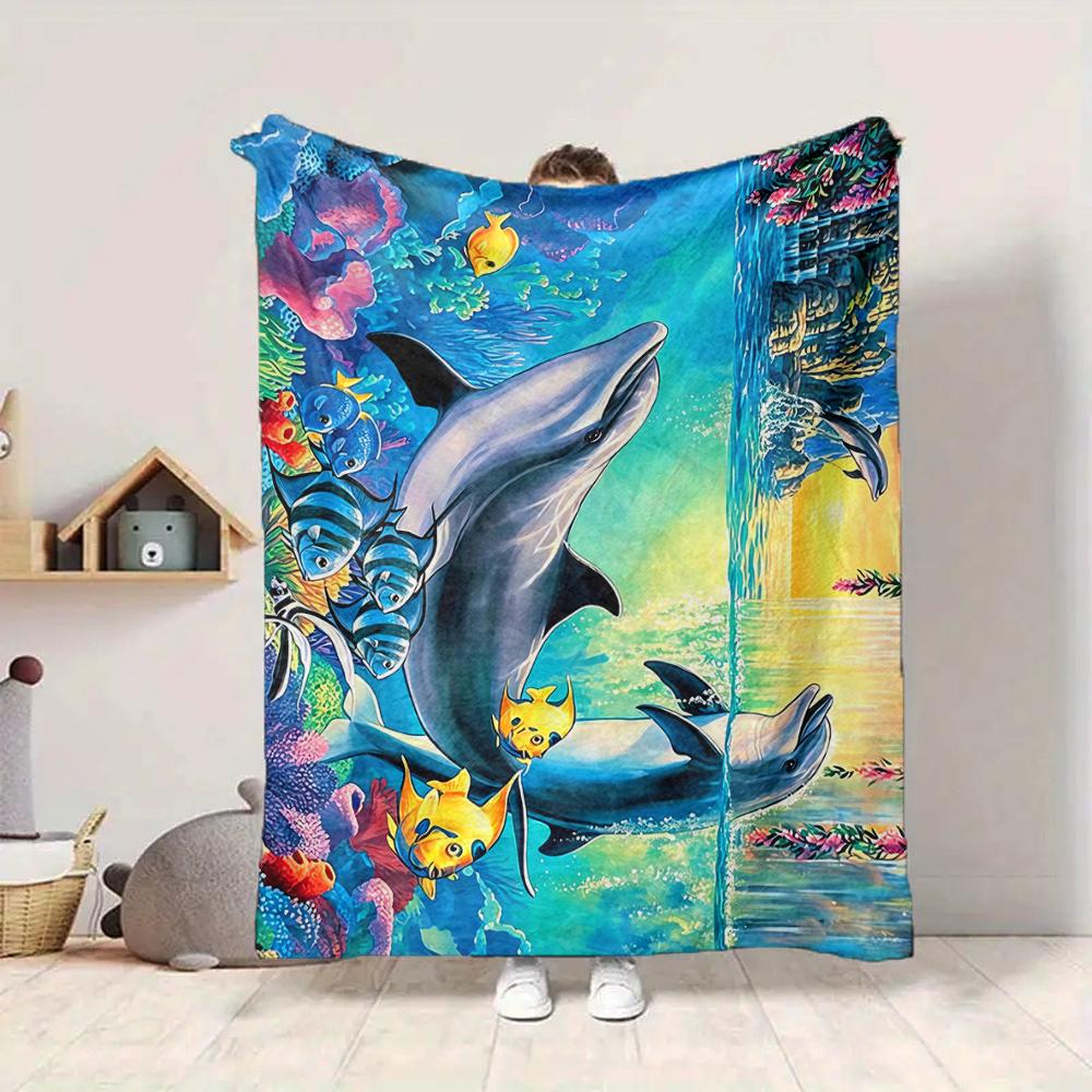 1Pc Dolphins Tropical Fishes Blanket Soft And Comfortable Casual Warm Camping Travel Christmas Halloween Xmas Gift M928244