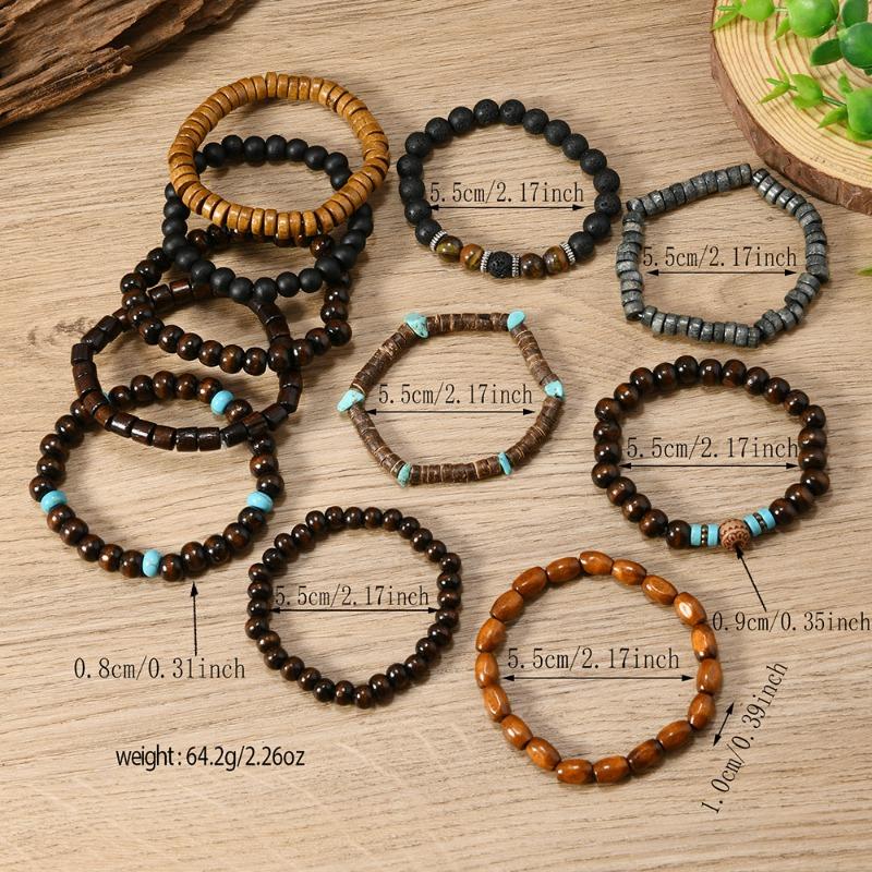 TEMU New 10-piece Set of Coconut Shell Wood Beads Beaded Elastic Line Men's Bracelet Bracelet Bracelet