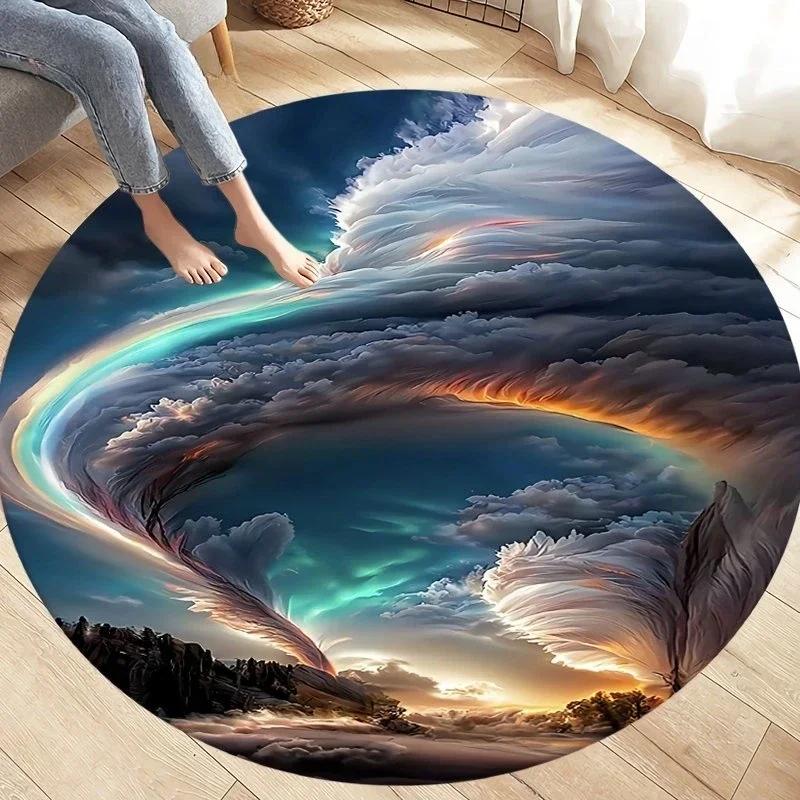 Natural Disaster Round Carpet Fantasy Tornado Cloud Print Area Rug for Living Room Kitchen Bedroom Sofa Decor Non-slip Floor Mat
