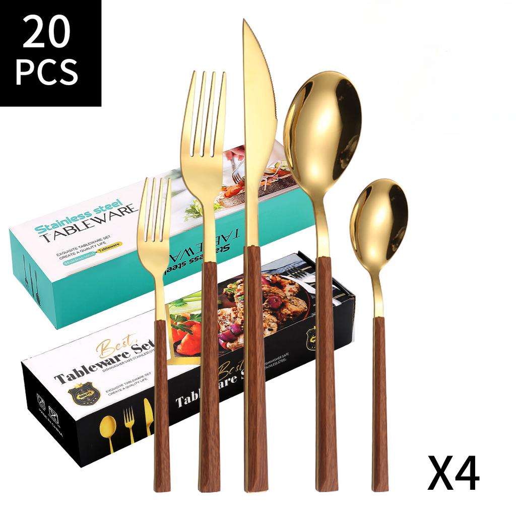 Imitation Wood Handle, Imitation Stone Pattern Knife, Fork and Spoon, Five-piece 430 Stainless Steel Knife, Fork and Spoon Tableware 20-piece Set