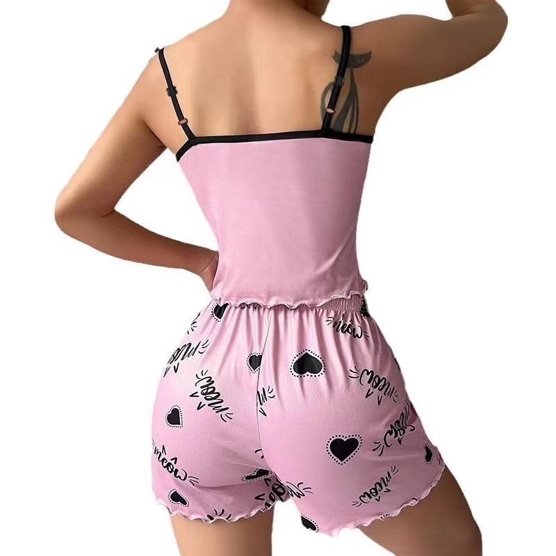 Sommer Damen Milchseide Ärmelloses Camisole Shorts Pyjama-Set mit Herzprint Lässige Nachtwäsche Zweiteiliges Set