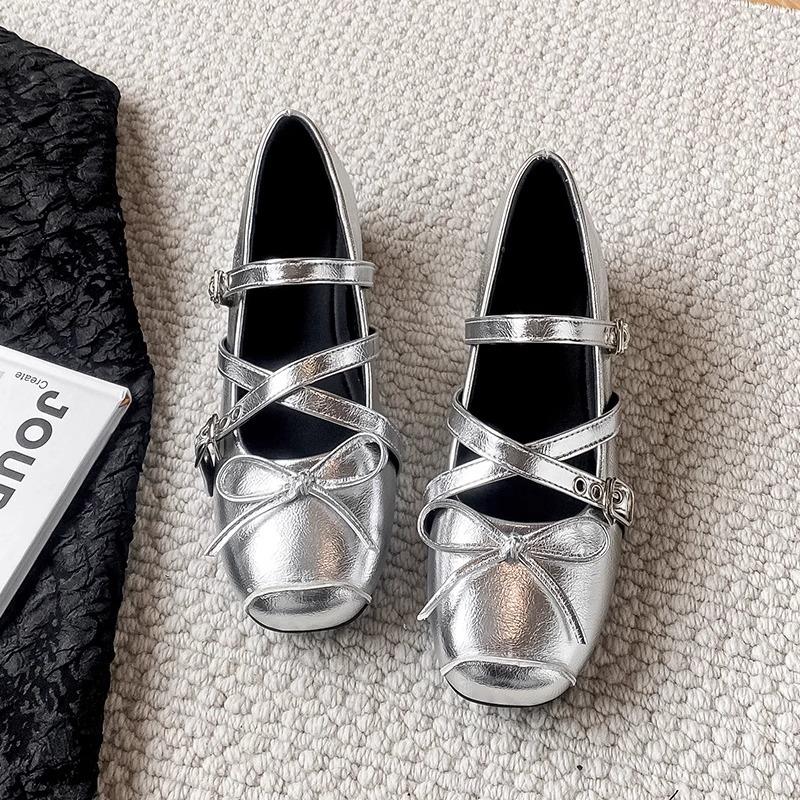 Sheepskin Version Mary Jane Silver Bow Single Shoes Women's 2025 New Skirt French Light Mouth Flat Ballet Shoes
