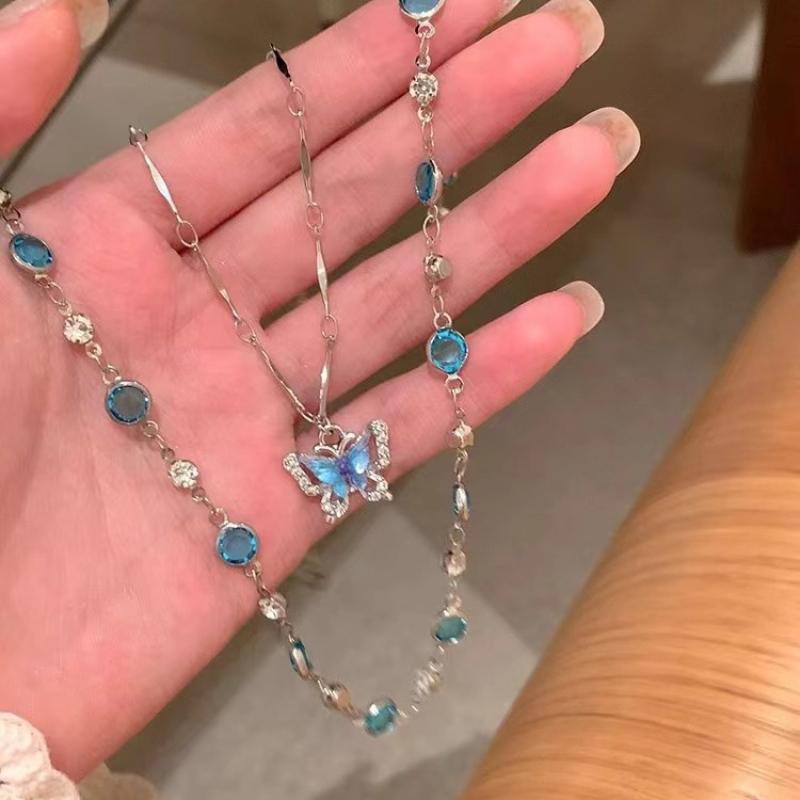 Colier fluture cu zircon albastru cu strat dublu pentru femei, fete, șoker simplu cu zircon strălucitor, lanț de claviculă, bijuterii, cadou