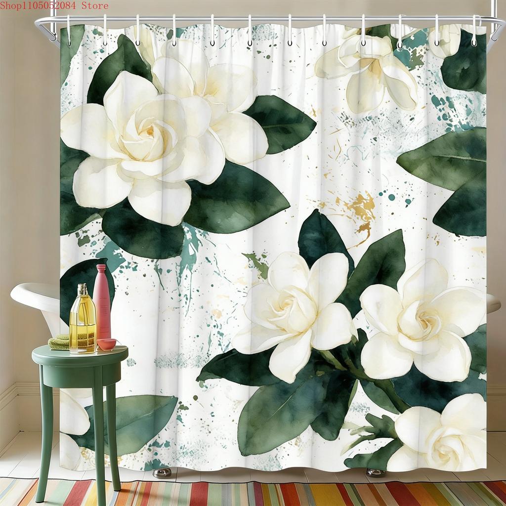 Watercolor White Gardenia Flowers With Green Leaves Waterproof Shower Curtain For Bathroom Decor
