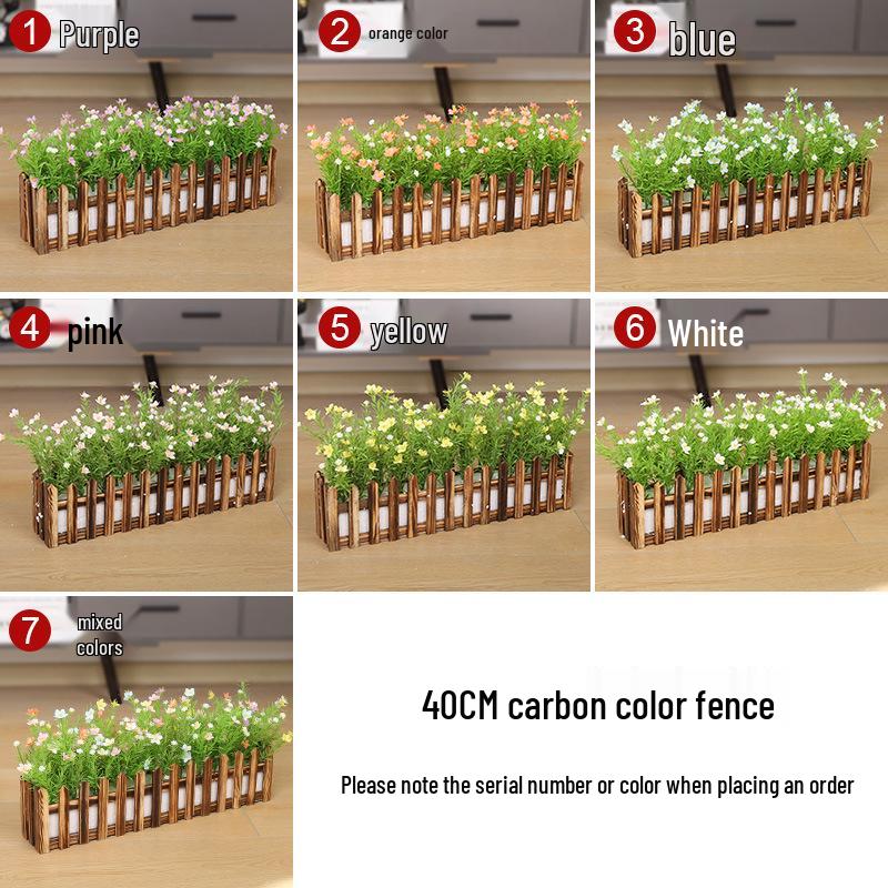 Silk Flower Pot with Wood Fence: Decorative Bonsai for Living Room or Office.