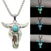 Vintage Glow In The Dark Turquoise Skull Bull Head Necklace Religious Animal Totem Pendant
