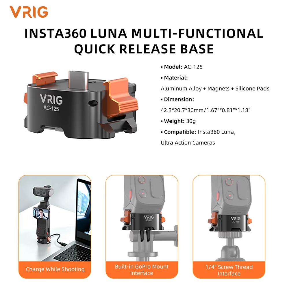 VRIG Fast Charging & Data Transfer Quick Release Base For Insta360 Luna Dual Claw Type-C GoPro DJI 1/4 Screw Mount