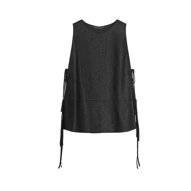 

Za round Neck Fashion Sleeveless Sling Top 2678040 Mid Waist Linen Blend Wide Leg Casual Pants 2678041 Black Tops L