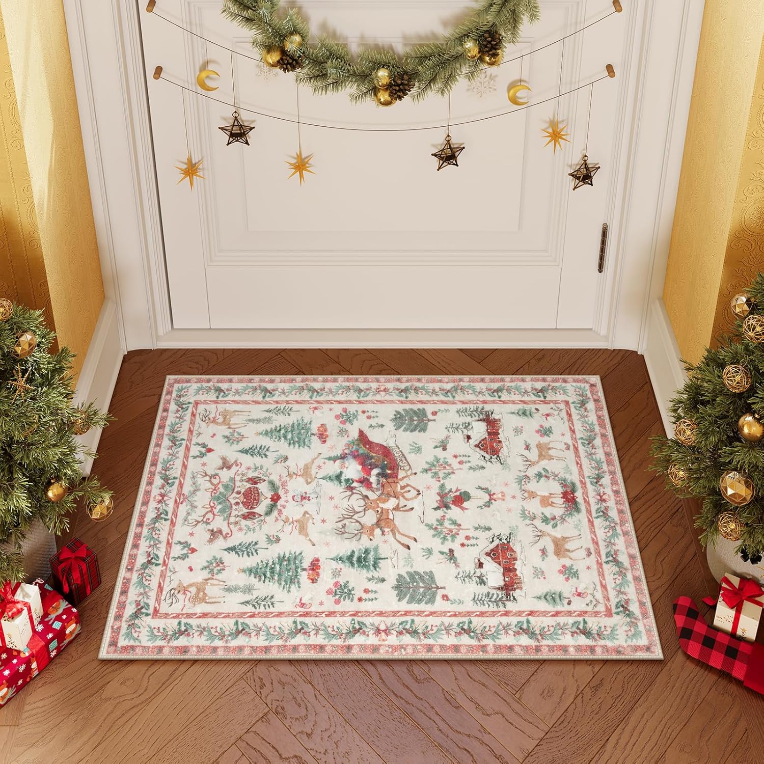 

Vintage Interior Christmas Carpet Kitchen Bathroom Carpet Entrance Non-Slip Mat Winter Living Room Bedroom Holiday Decor 40X60CM(1.3X2FT