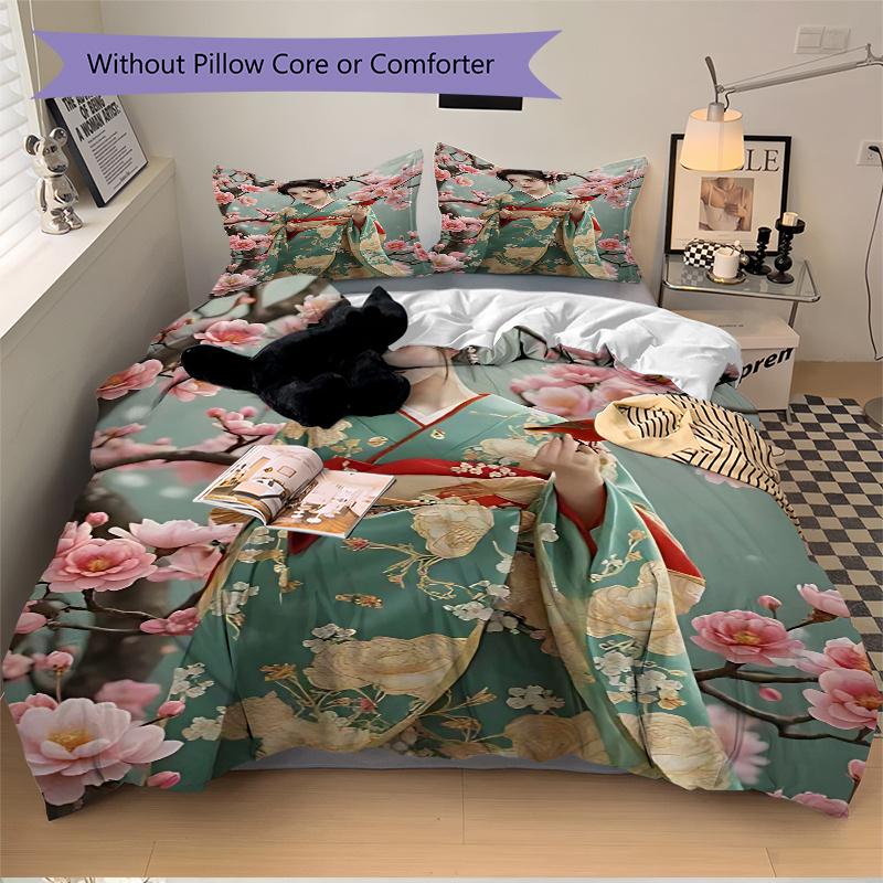3pcs Anime Kimono Design Comforter Set with One Quilt Cover and Two Pillowcases (No Core) - Festive Gift for Bedroom Decor, Polyester Fabric, Anime Ca