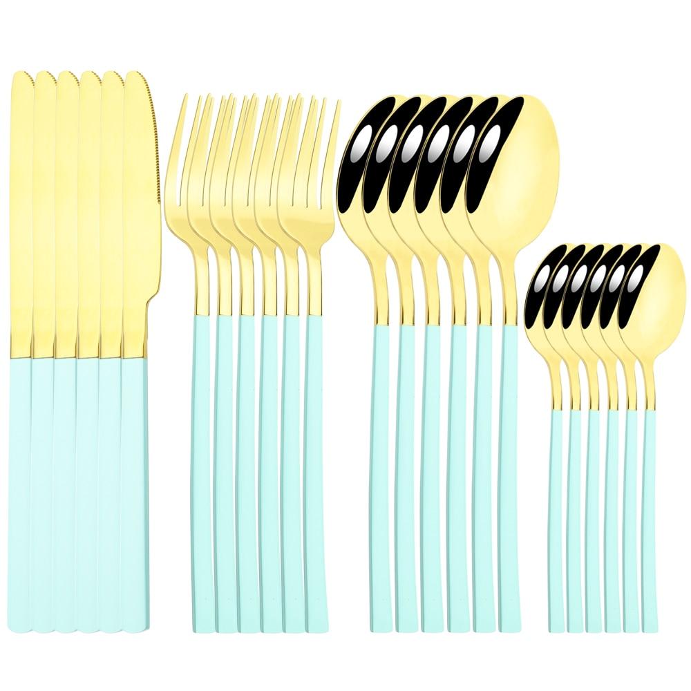 24 Pcs Black Tableware Stainless Steel Cutlery Set Forks Knives Spoons Kitchen Dinner Set Fork Spoon Knife Gold Dinnerware Set