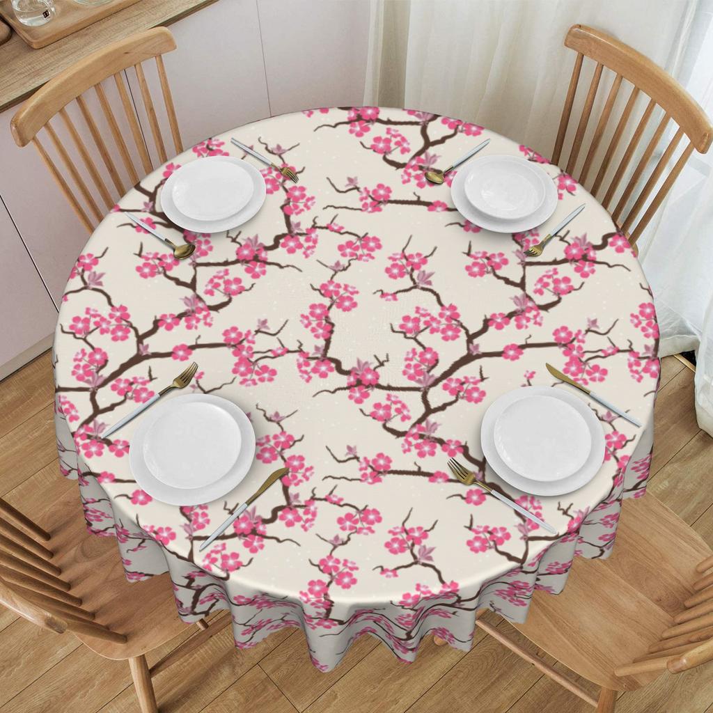 Runde japanische Kirschblüten Tischdecke Wasserdicht Ölbeständig Tischabdeckungen 70 Zoll Kirschblüten Blumenmuster Tischdecke