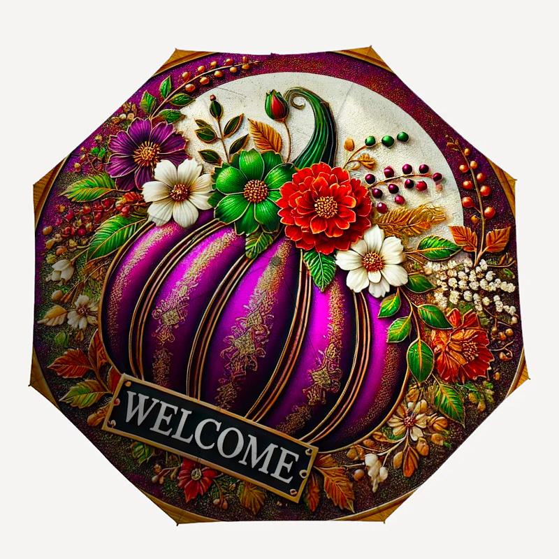 Autumn Welcome Sign with Purple Pumpkin and Flowers - Fall Decorative Plaque for Home or Garden Umbrella, Christmas Gift Y98