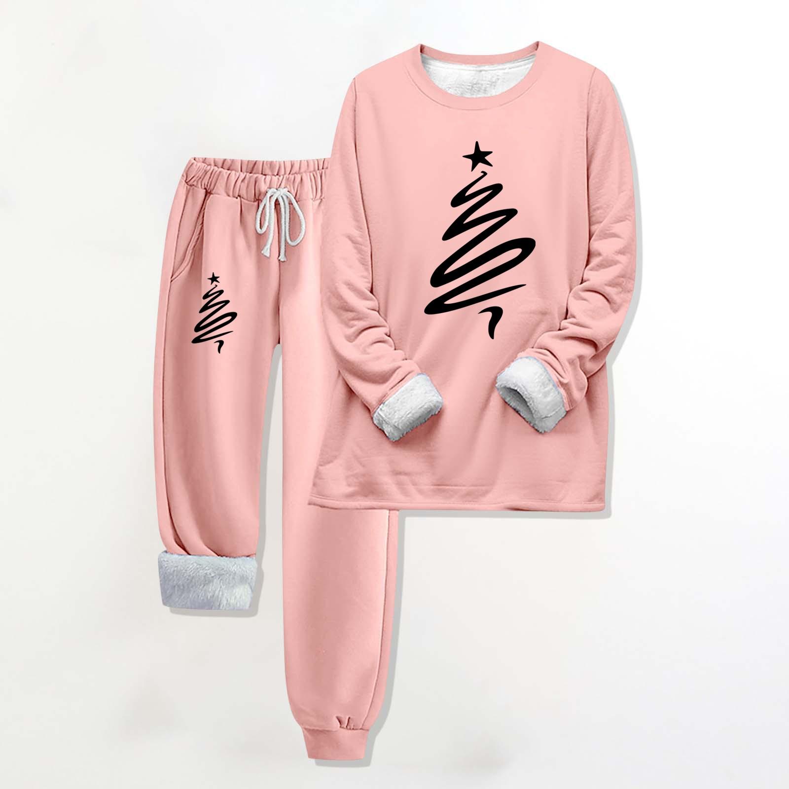 

Комплект из двух предметов для женщин, теплый спортивный комплект с флисовой подкладкой, свитшот с круглым вырезом и длинными рукавами, с рождественским принтом, спортивные штаны с завязками на талии XXXXL розовый