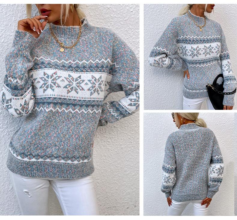 Women's Autumn Winter Christmas Sweater Half Turtleneck Snowflake Pullover