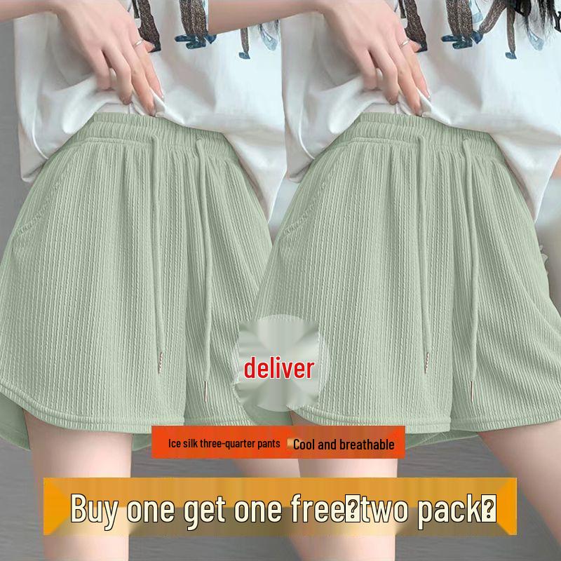 Ice Silk Women's Wide-Leg Sports Shorts, Summer Casual High-Waisted, Versatile Running Outerwear - Single/Double Three-Quarter Length