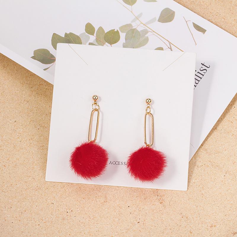 

925 Autumn And Winter Hairball Earrings Candy Color Cute Metal Splicing Long Stud Earrings Tassel