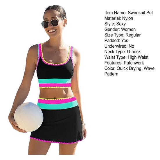 3Pcs/Set Swimsuit Set Padded No Underwire Bra High-Waist Bikini Briefs Set with Overskirt Color-Blocked Wave Pattern Bikini Set