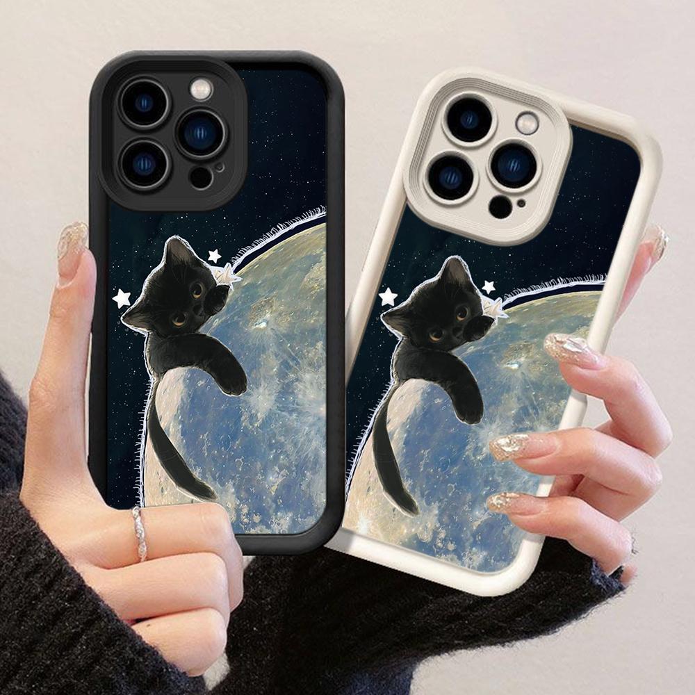 JT123 Katze umarmt Mond für iPhone 17 16 15 14 Pro Max Samsung S26 S25 S24 Ultra A17 A16 A07 A56 A06 Xiaomi 15T Redmi 15c 14c Note 13 14 Weiche TPU-Hülle