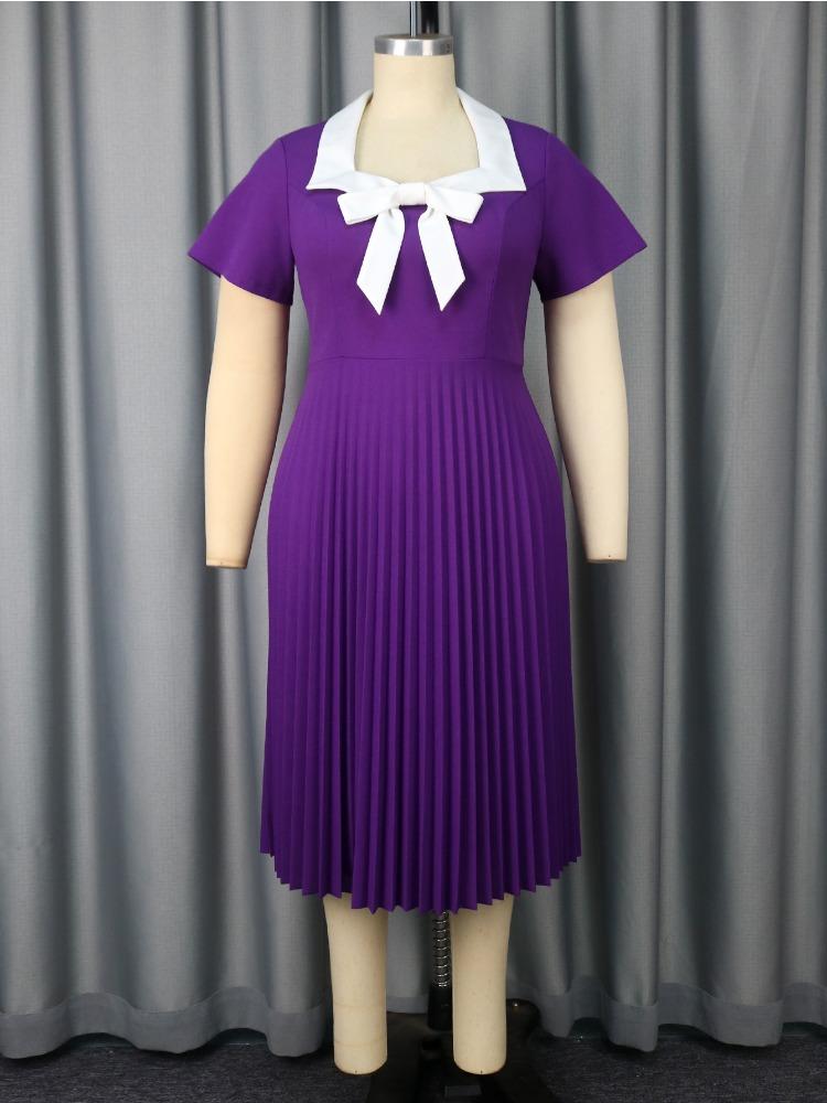 Bow Tie Colorblock Short Sleeve Pleated Dress Elegant Slim Fit Style for Women Summer Wedding Guest Dress New Arrival