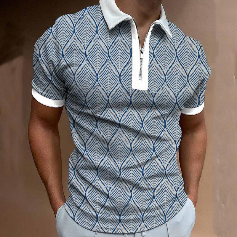 Trendy Geometric Pattern Short-Sleeve Zip Polo Shirt for Men