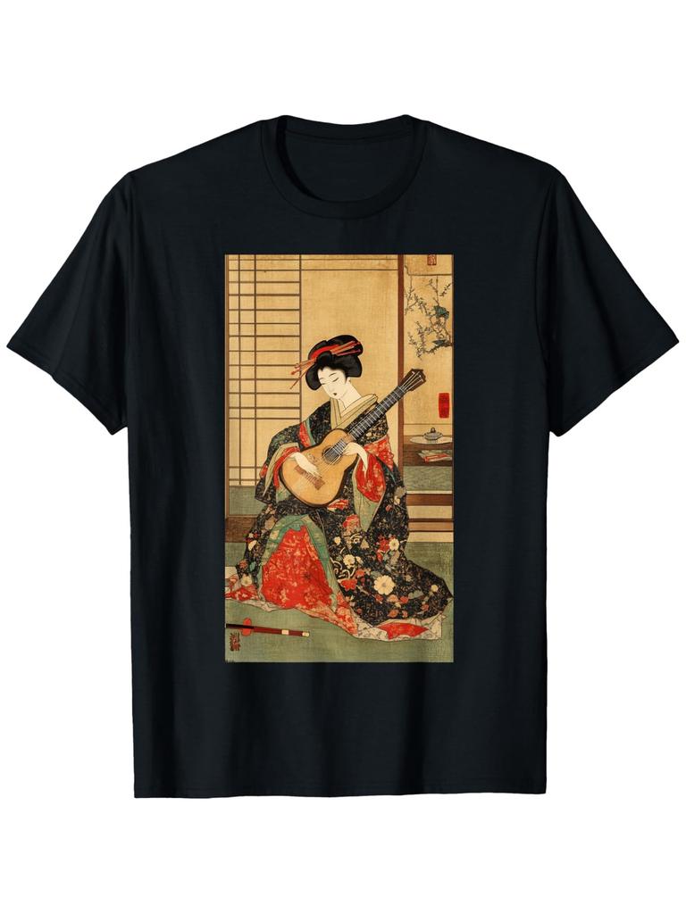 Japanese Ukiyoe Geisha and Shamisen Classical Art Tshirt 100 Pure Cotton Unisex Casual Short Sleeved Round Neck Top