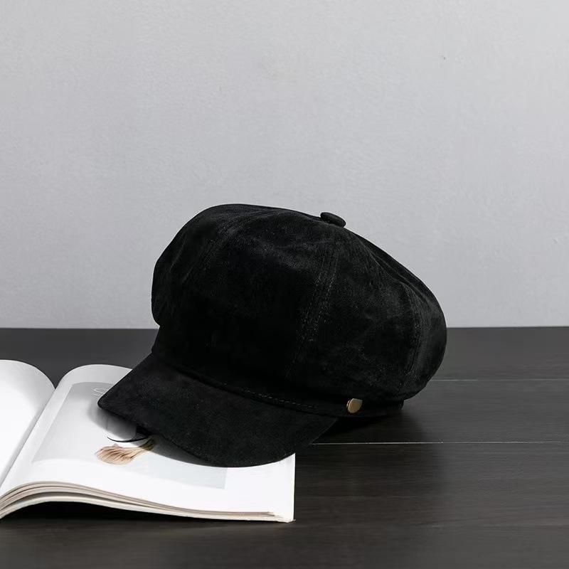 

Japanese Brown Beret Female Autumn Leather Art Painter Hat Retro Newsboy Hat Slim British Octagonal Hat Adjustable