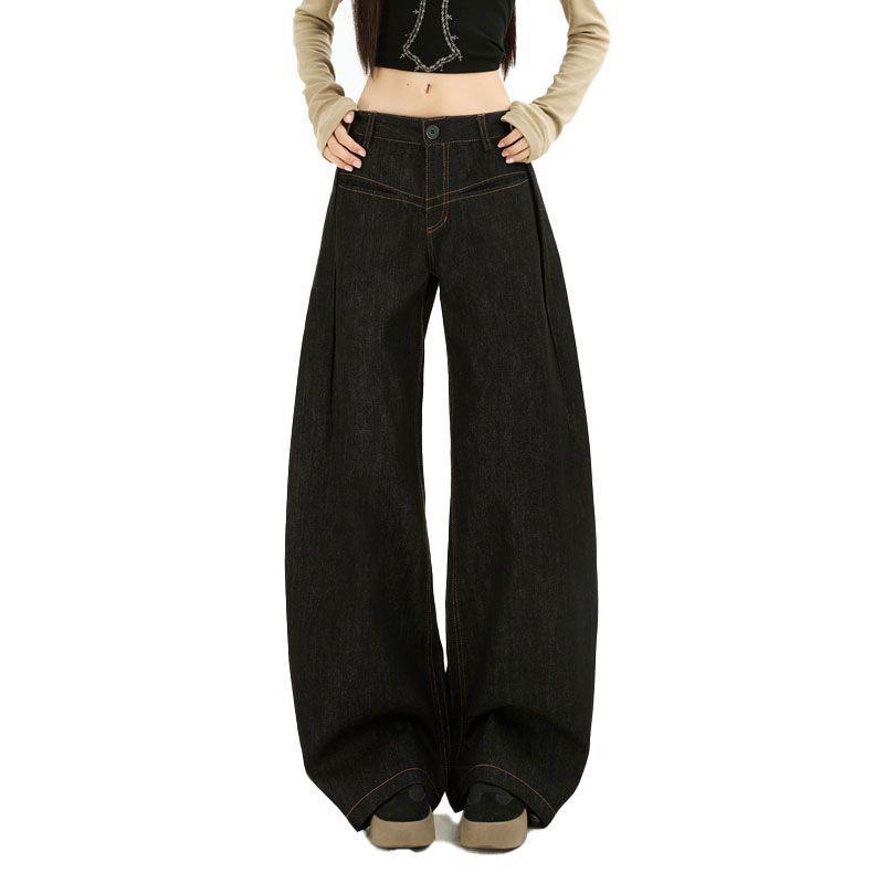 

American Retro Women’s Black Gold G-Clasp Pleated Wide-Leg Jeans, 2025 Design Extra Small