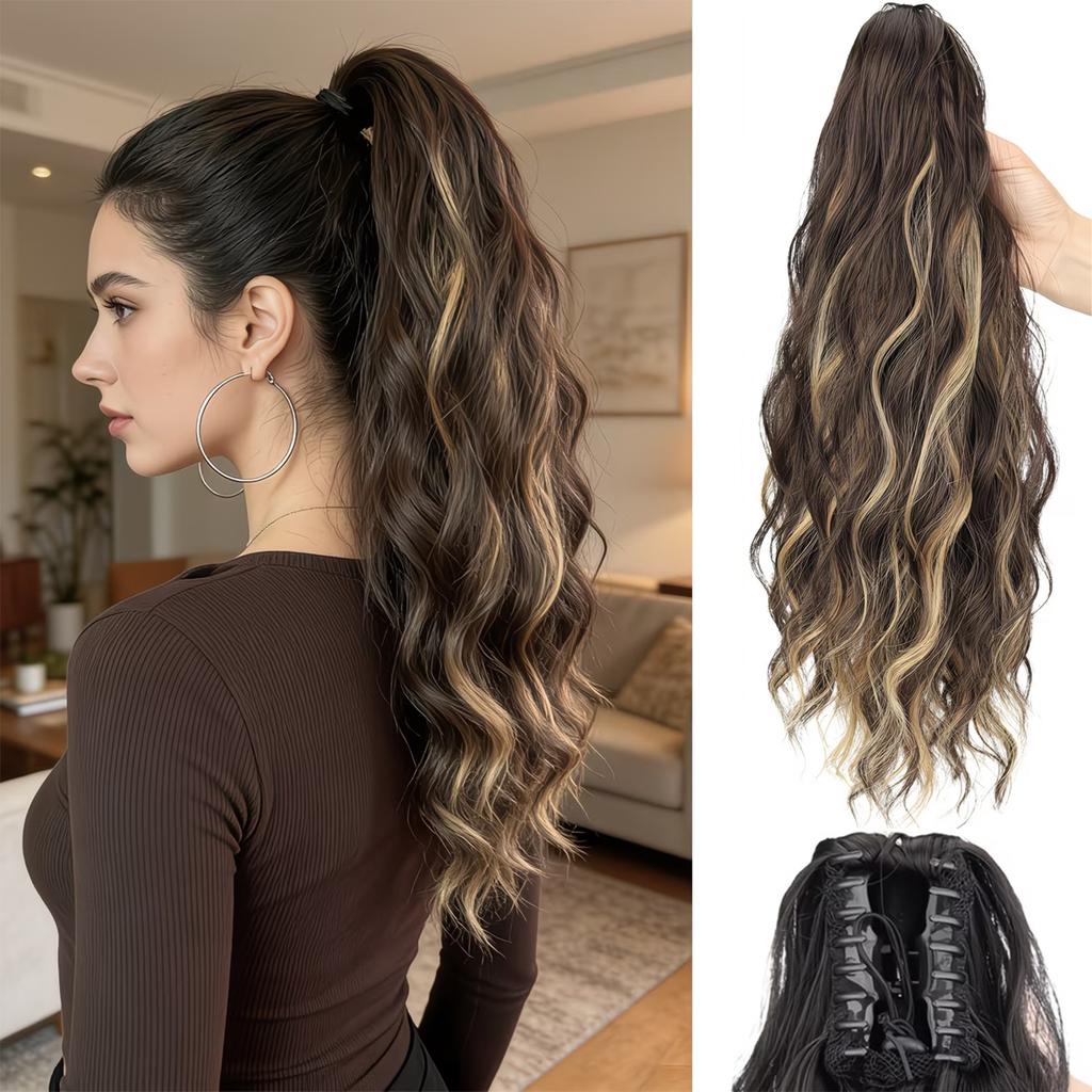 LISI GIRL Synthetische Natürliche Welle Kordelzug Pferdeschwanz Verlängerung 18 Zoll Lang Gewelltes Clip-In Pferdeschwanz Haarteil Für den Täglichen Gebrauch und Partys