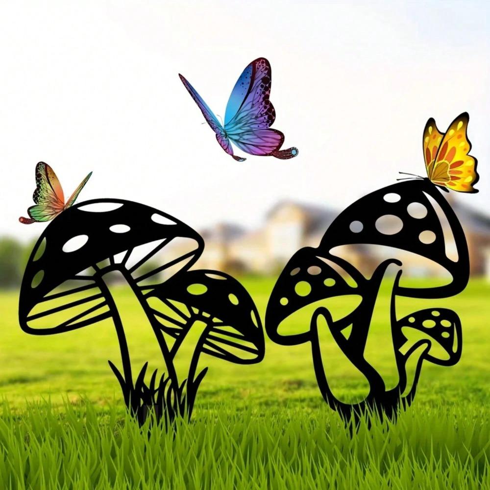 12" Large Iron Garden Stakes, Metal Mushroom Yard Decor, Hollow Out Silhouette Ornament, Outdoor Art for Lawn Patio