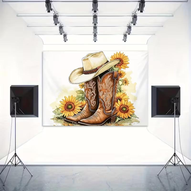 2D Vintage Western Cowboy Hat & Boots Backdrop Sunflower Themed Party Photography Background