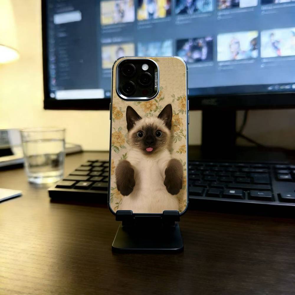 S-Siamese Cat Cute Phone Case For iPhone 17,16,15,14,13,12,11 Plus,Pro Max,XS,Colored Silver Plated Inside Cover