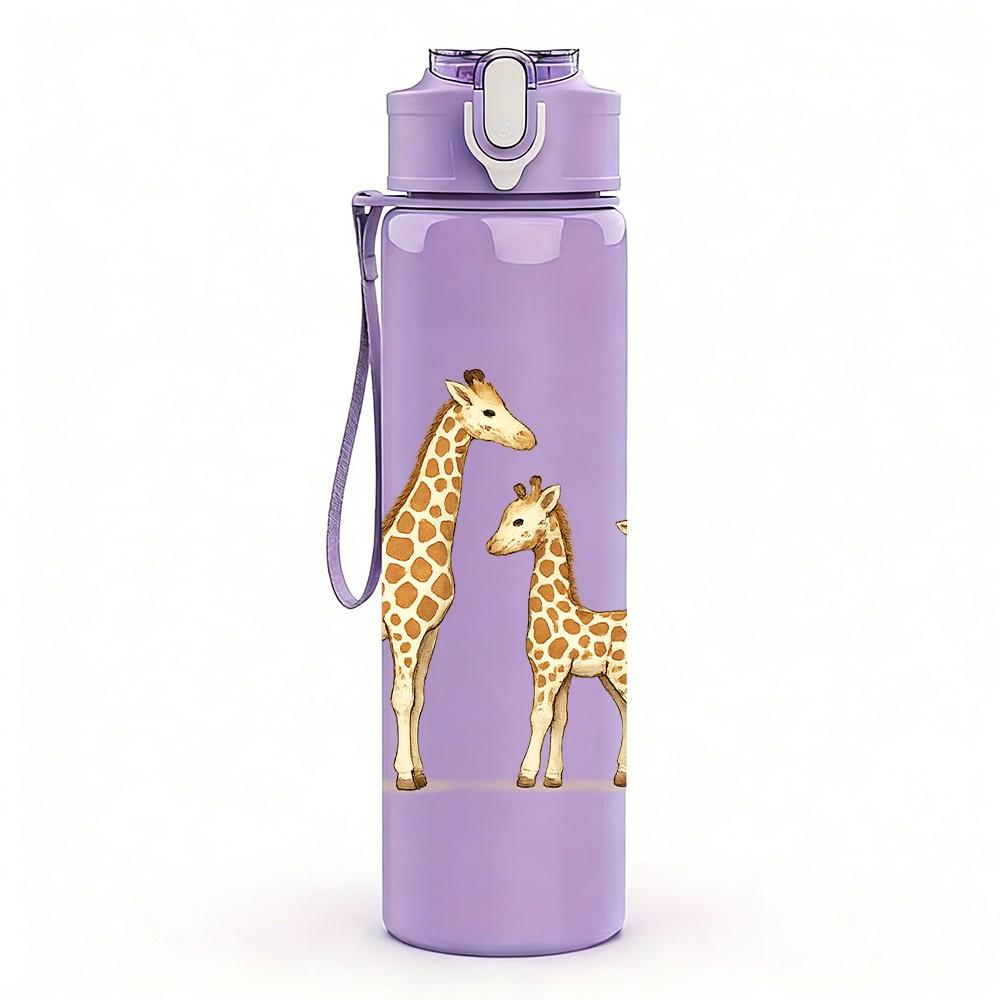 1PC Giraffe Family Animal Print 750ml Color Plastic Sports Water Bottle Leakproof Flip Straw Lid Suitable for Sports Office Home Use