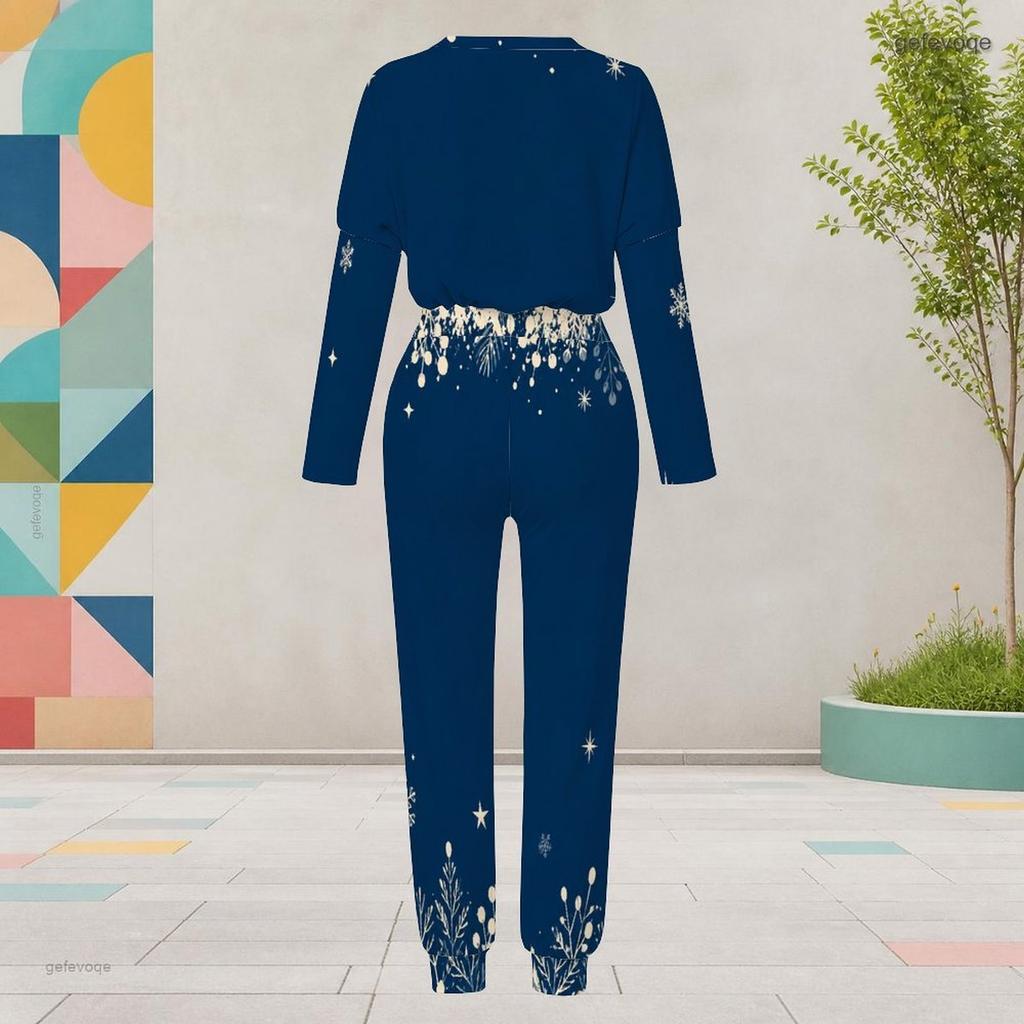 Women Plus Size Two Piece Set Round Neck Long Sleeve Printed Navy Blue Cuffed Top And Pants With Pockets